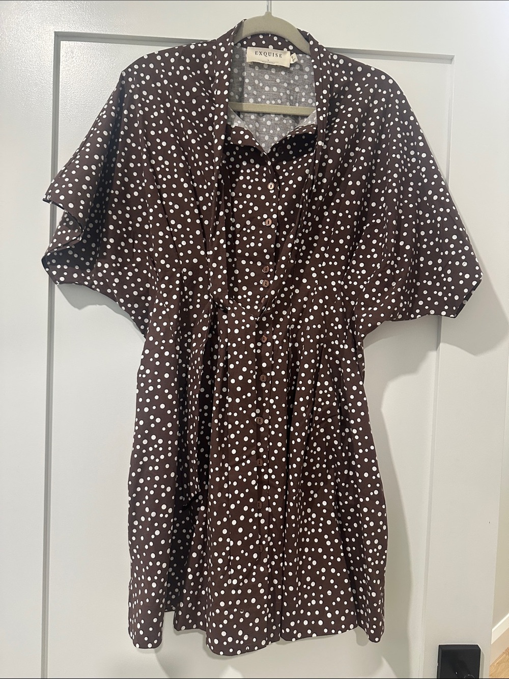 Tobie Mini Shirt Dress by Exquise - Brown Polka Dot